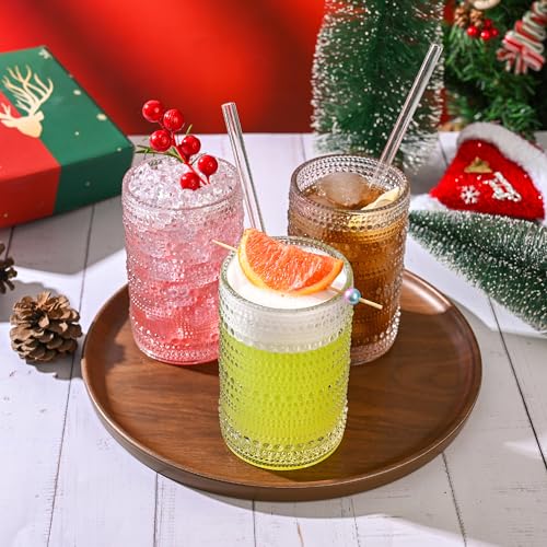 KMIGRUAN Hobnail Drinking Glasses with Straws 15oz Vintage Glassware Set of 6 Embossed Vintage Water Cups, Highball Glasse...
