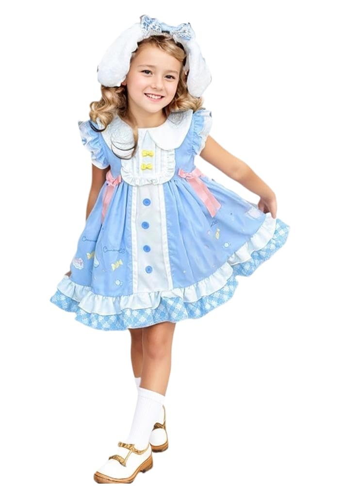 GSHLGAO Girls Cute Anime Cartoon Print Cosplay Sky Blue Sweet Dress Ruffles Sleeve Casual Dress Headband