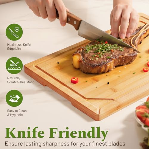 Kikcoin Bamboo Cutting Boards for Kitchen, 3 Piece Wood Cutting Board Set with Stand and Non-slip Feet, Knife Friendly Cho...