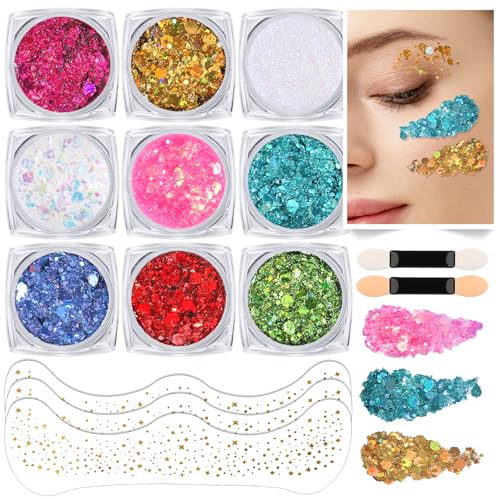 Teenitor 9 Color Face Glitter and 3 Gold Face Freckles Set - No Glue Needed Body Glitter Gel, Hair Glitter Festival Makeup...