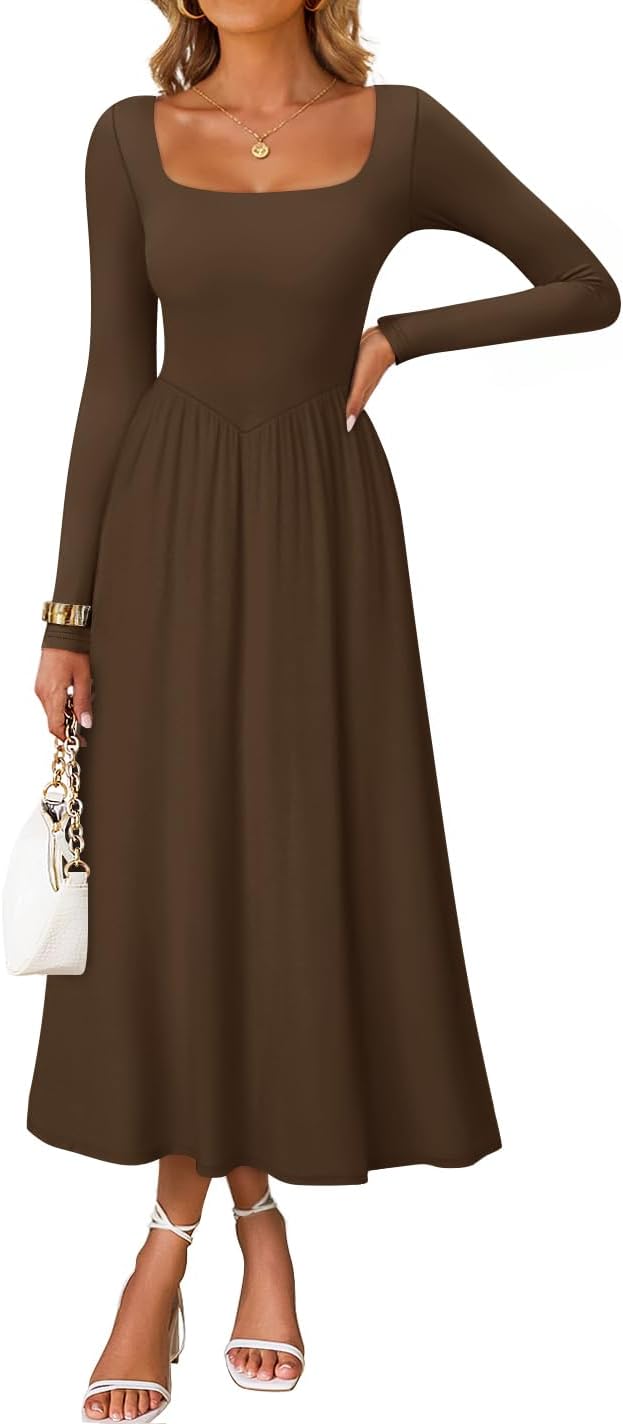 ZESICA Spring Dresses for Women 2026 Elegant Classy Square Neck Long Sleeve Flowy Wedding Guest Party Midi Dress