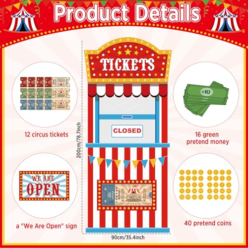 71Pcs Circus Ticket Booth Doorway Playhouse with Pretend Money Carnival Circus Theme Pretend Play Set Educational Play Sto...