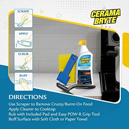 Cerama Bryte Glass Cooktop and Stove Top Cleaner Combo Kit - Includes Cleaning Tool, Razor, Scraper and 1 Pad to Remove To...