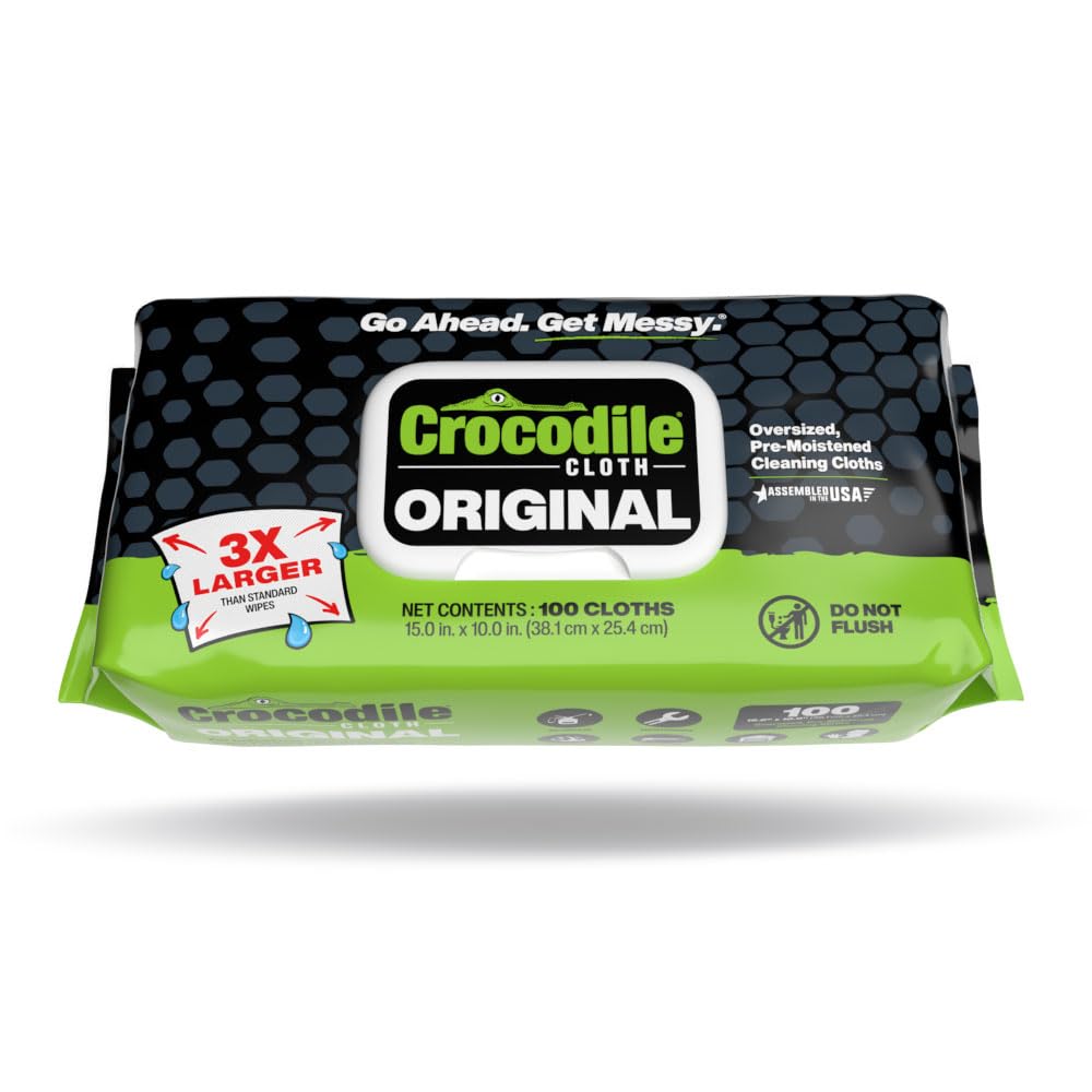 Crocodile Cloth Original Cleaning Wipes – 100 (15” x 10”) Hand & Tool Industrial Cleaning Wipes – Large Multi-Surface Cleaning Cloths, Water-Based Solution with Extreme Cleaning Power — Safe on Skin