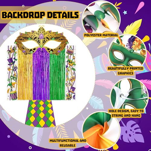 VitalCozy 7pcs Mardi Gras Party Decorations Masquerade Mask Party Banners Purple Green Gold Foil Fringe Backdrop Curtains ...