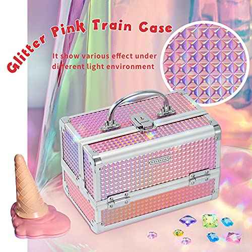FRENESSA Makeup Train Case Makeup Box Organizer Portable Cosmetic Travel Case Makeup Case with Mirror Locking Make Up Cases Organizers and Storage for Nail Supplies Hard Cosmetic Box Shiny Pink
