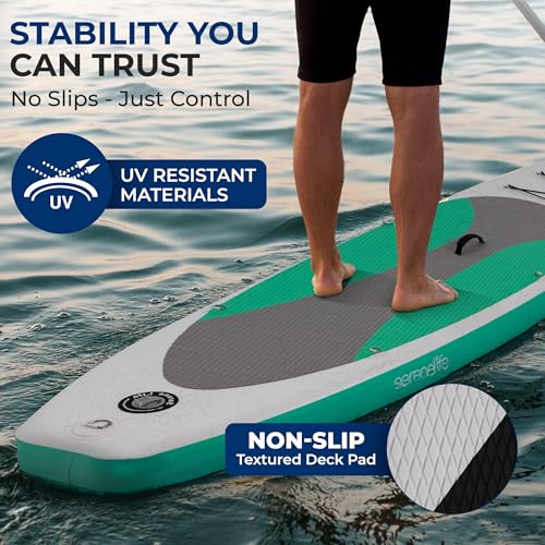 SereneLife Stand Up Inflatable Paddle Board with Premium SUP Accessories – Wide Stable Design with Non-Slip EVA Deck Pad f...