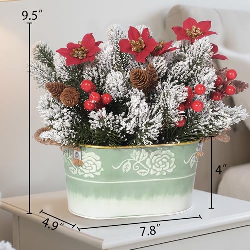 QIMOND Christmas Table Centerpiece with Artificial Red Poinsettias, Snowy Norfolk Pine, Berries & Pine Cones – Lifelike Ho...
