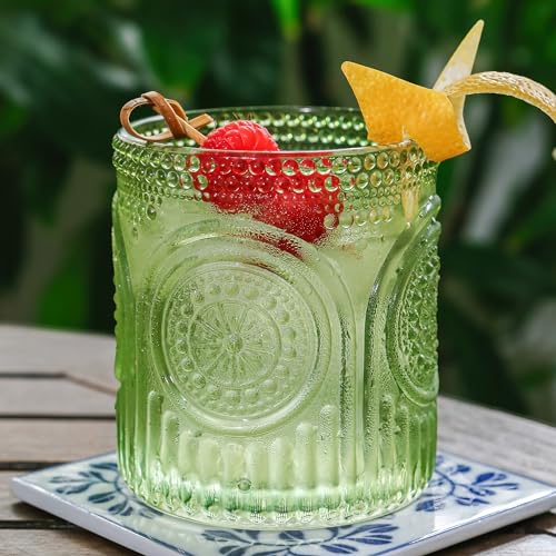 Kate Aspen Retro Arch Floral Green Drinking Glasses Set of 6-10 oz Vintage Beaded Glassware, Textured Water & Cocktail Cup...
