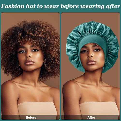 4PCS Silk Satin Bonnets for Black Women & Men - Elastic Wide Band Hair Wrap Cap for Curly Hair - Shower Cap for Sleeping (Black, Peacock Blue, Pink, Khaki)