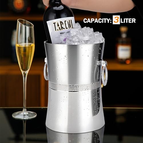 Wine Chiller Bucket, Stainless Steel Double Wall Wine Chillers for Bottles, Champagne Chiller, Ice Bucket Fits Most Standa...