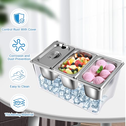 3 Compartments Ice Chilled Condiment Caddy, 30.5 oz Salad Bar Containers Stainless Steel Serving Dish with Lids for Bar, H...