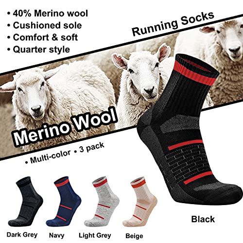 Busy Socks 3 Pack Men's Merino Wool Running Quarter Socks Womens Ankle Thick Cushioned Athletic Socks for Hiking Walking