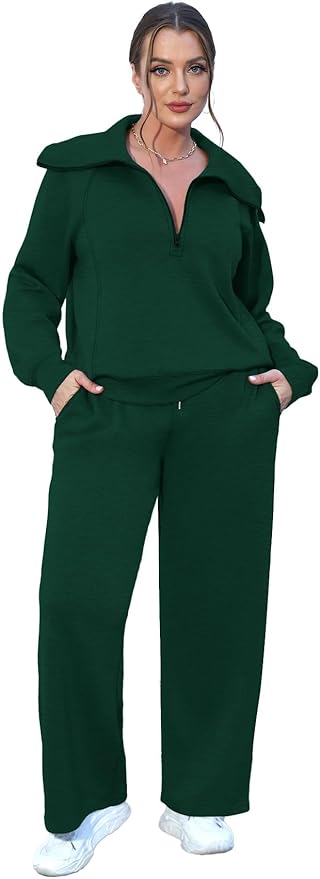 XIEERDUO Lounge Sets For Women 2025 Half Zip Sweatshirt And Wide Leg Sweatpant 2 Piece Outfits Sweatsuit Tracksuit