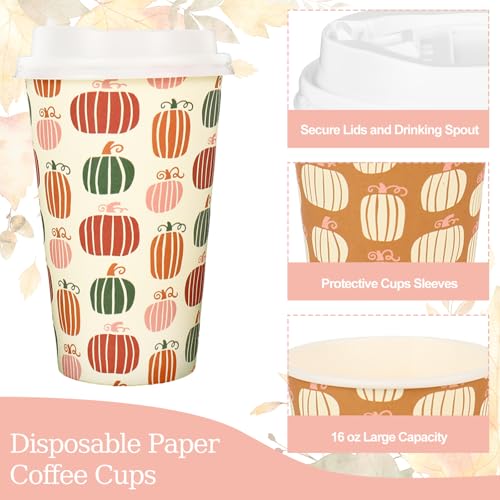 FYSUIMU 120 Sets Boho Fall Disposable Coffee Cups with Lids 16Oz Pumpkin Leaves Mushroom Drinking To Go Cup 6 Designs Pape...