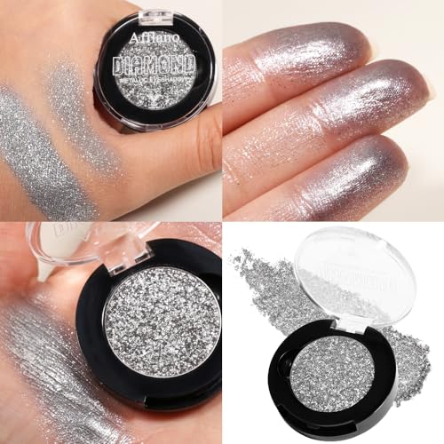 Afflano Silver Glitter Eyeshadow Super Pigmented, Intense Color Gray Silver Eyeshadow Palette Single, Long Lasting Sparkle...