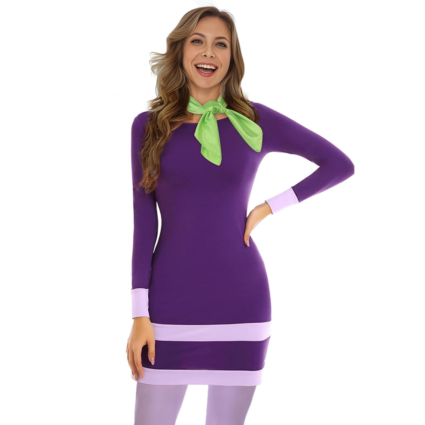 LINKOM Women's Long Sleeve Halloween Costume,Purple Bodycon Mini Dress with Wigs Headband Scarf Thigh High Socks (Medium)