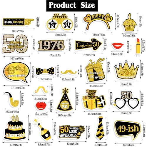 50th Birthday Photo Booth Props for Women & Men, Black Gold Adult 50th Birthday Photo Booth Props, Cheers to Fifty Birthda...