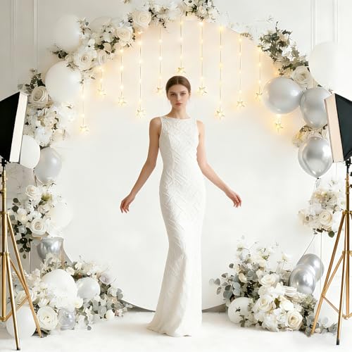 Patioman 7.2FT White Round Backdrop Cover with Fairy Lights for Wedding Arch Stand, Wrinkle-Resistant Circle Balloon Arch ...