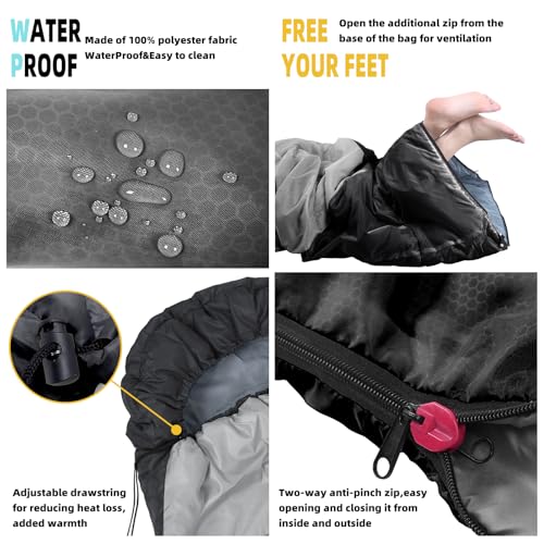 Sleeping Bag for Adults, Girls, Boys - 3 Season Warm & Cool Weather Lightweight Waterproof Camping Bag for Hiking, Outdoor...