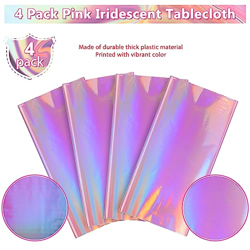 4 Pack Iridescent Pink Plastic Tablecloths, FunnyPars Shiny Disposable Laser Rectangle Table Covers, Holographic Foil Tabl...