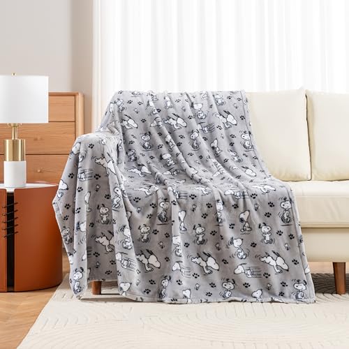 Berkshire Blanket Peanuts® VelvetLoft® Cute Character Snoopy Plush Throw Blanket,Peanuts Poses and Paws Grey,Throw 55 in x...