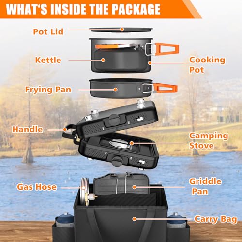 Hisencn Camping Stove,2 Burner Propane Stove,20000 BTU/h Camping Cooking set Includes Frying Pan,Kettle and Pot,Adjustable...