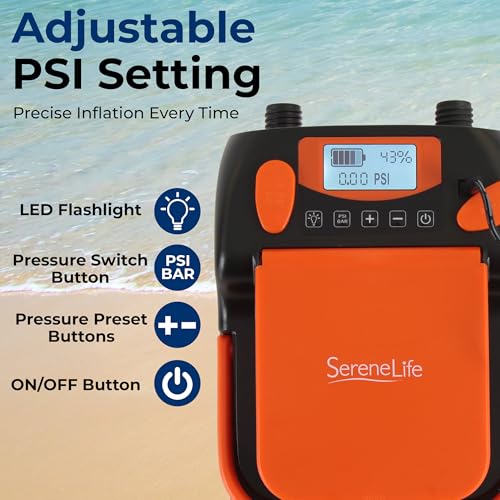 SereneLife Inflatable Paddle Board Pump Compressor - 16PSI High Pressure SUP Inflator - 12V DC Car Connector - Electric Ai...