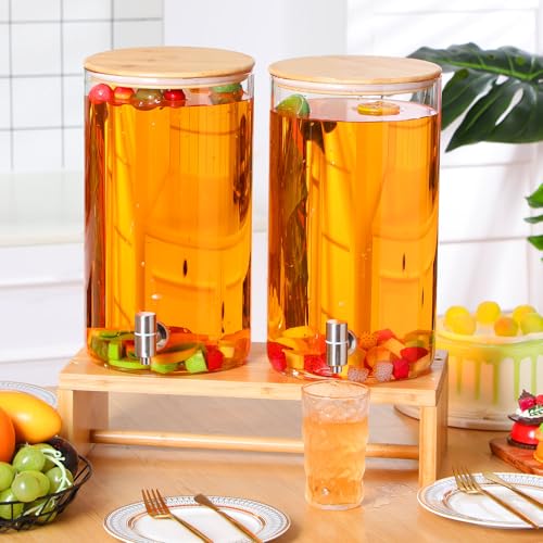 Honeydak 2 Pcs 2.5 Gallon Glass Drink Dispenser with Stand Glass Water Beverage Dispenser with Bamboo Lid and Stainless St...