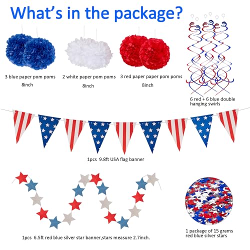 29PCS 4th/Fourth of July Patriotic Decorations Set - Red White Blue Paper Fans,USA Flag Pennant,Star Streamer,Pom Poms,Han...