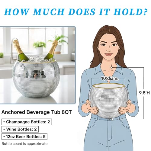 Bertork 9.8 Inch Disco Ball Ice Bucket, Mirror Silver Cooler for Wine, Beer & Champagne, Perfect Retro Party Accessory