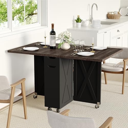 BHAODEAL Space Saving Folding Dining Table with 2 Tier Storage-Extendable Drop Leaf Farmhouse Wood Kitchen Dining Room Tab...