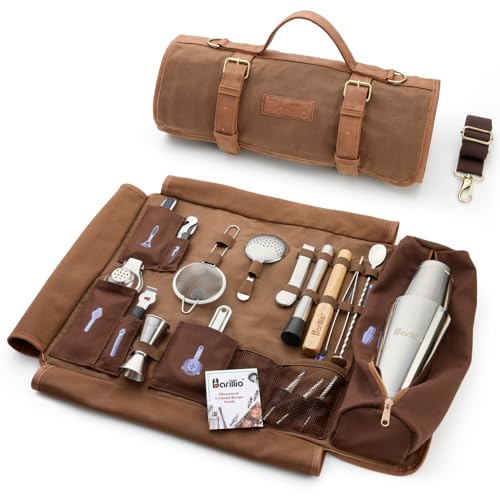 Barillio Bartender Kit Bag with Cocktail Shaker Set - Waxed Canvas, Traveling Bar Tools Bag with 17-Pc Cocktail Kit - Trav...