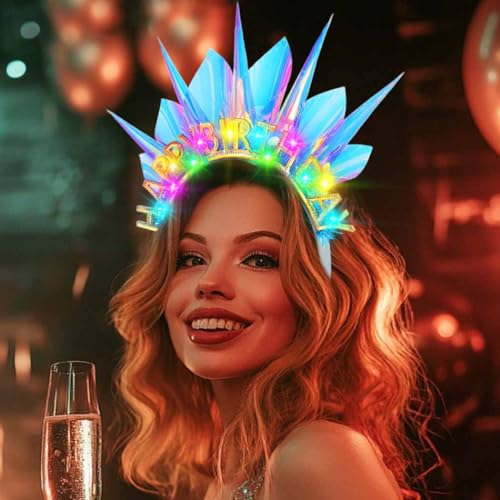 DRESBE Light Up Birthday Crown Headband LED Halo Headbands Glow Birthday Party Hair Accessories for Women