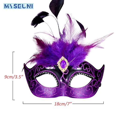 MYSEUNI 2025 Masquerade Mask for Women with Feathers - Venetian Masquerade Mask for Carnival Ball, Mardi Gras, Prom