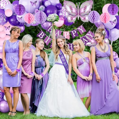 Purple Birthday Decorations, Purple Pink Party Decorations with Happy Birthday Banner, Balloons, Bday Sash, Crown, Butterf...