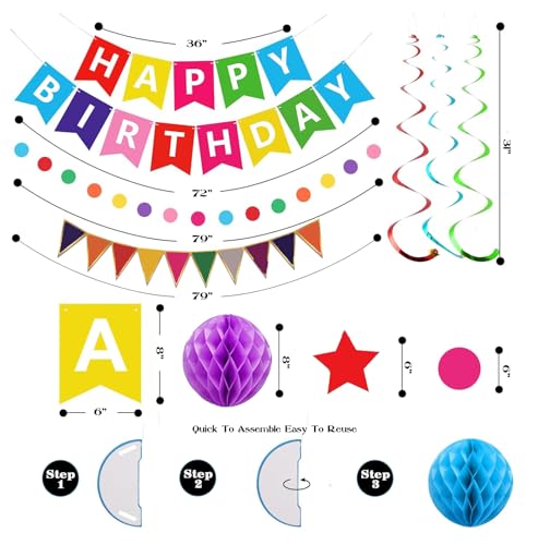 Buygain Colorful Birthday Decorations, Happy Birthday Banner with Honeycomb Balls, Stars Hanging Swirl Streamers, Buntings...