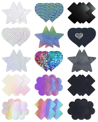 CICKEE Pasties Rave Pack - Nipple Covers Stickers - Disposable Sticky Breast Petals - 15 Pairs