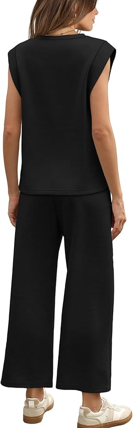 WIHOLL 2 Piece Sets for Women Summer Lounge Sets Travel Vacation Outfits Cap Sleeve Sweatsuit Side Slit Wide Leg Pants S-3XL