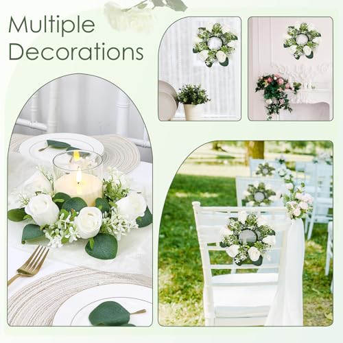 Acmee Pink Rose Candle Rings with Flameless Candles Sets - 12PCS Artificial Flower Eucalyptus Wedding Centerpiece 3 Inch P...