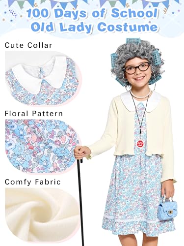 AOTHSO 8 Pcs Girls 100 Days of School Old Lady Dress Cardigan Costume with Wig Glasses Cane for Kids Granny Grandma Cosplay