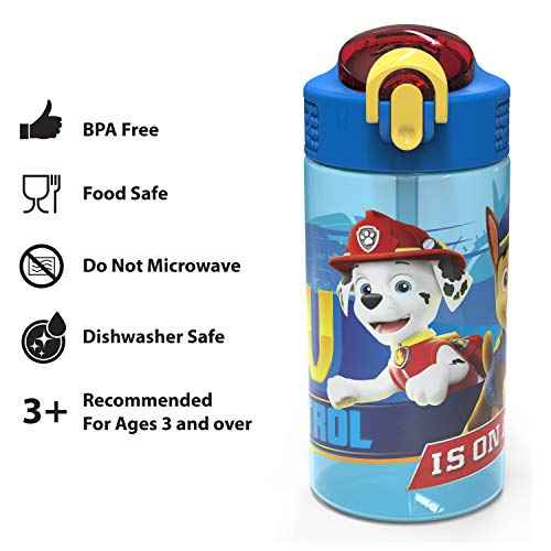 Zak Designs 16oz Kids Durable Plastic Spout Cover and Built-in Carrying Loop, Leak-Proof Water Bottle Design for Travel (16 oz, Paw Patrol Marshall),PWPT-T123