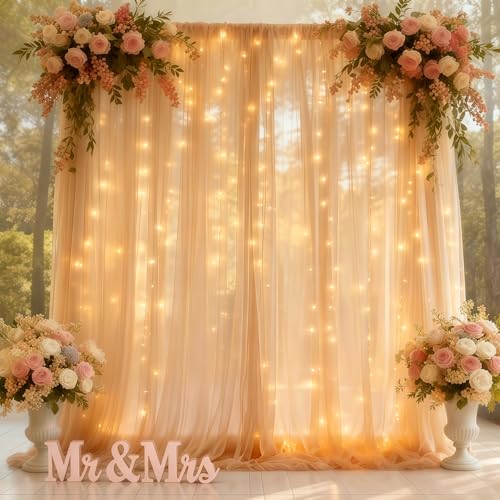 10×8ft Champagne Tulle Curtain Backdrop with Lights String for Parites, Sheer Backdrop Curtain Drapes for Wedding Photo Ba...