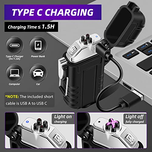 LcFun Waterproof Electric Dual Arc Lighter USB Type C Rechargeable Windproof Flameless Plasma Lighters with Flashlight for...