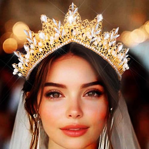 Yean Gold Rhinestone Crown Greek God Crowns and Tiaras Golden Wedding Queen Crown for Women