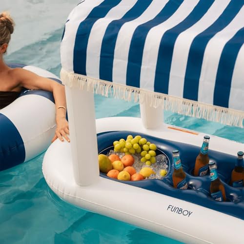FUNBOY Giant Floating Navy Cabana Stripe Drink Station, Removable Fabric Shade with Fringe, Perfect for Parties, Table-Top...