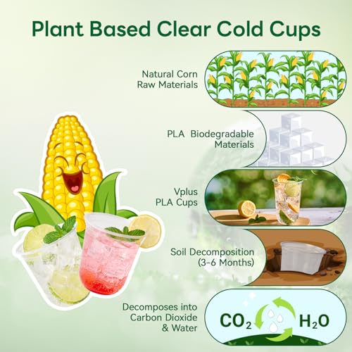 Vplus 12 oz Compostable Clear Plastic Cold Cups, 100 Pack Biodegradable Disposable Cups, BPA & PFAS Free, Plant-Based Plas...