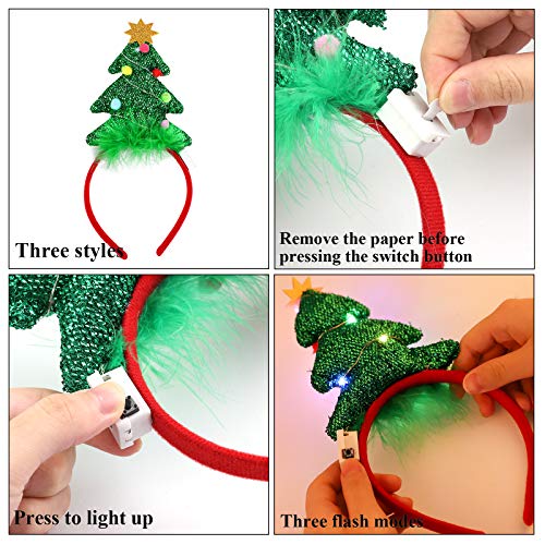 URATOT 3 Pack Christmas LED Headbands Christmas Tree Costume Headwear Elves Hair Hoop for Xmas Party Supplies