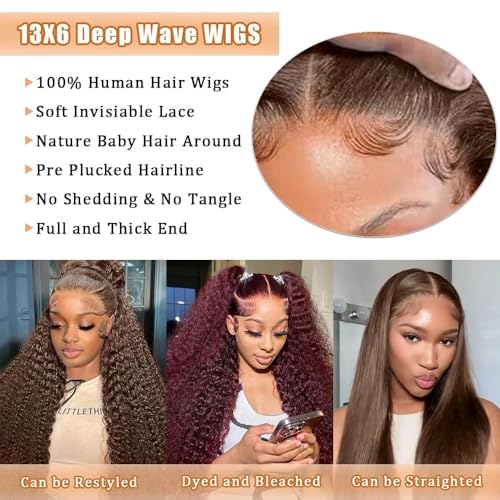 Chocolate Brown Lace Front Wigs Human Hair 13x6 Deep Wave Lace Front Wigs Human Hair 200 Density HD Colored Deep Curly Lace Frontal Wigs for Women Pre Plucked with Natural Hairline (20 inch)