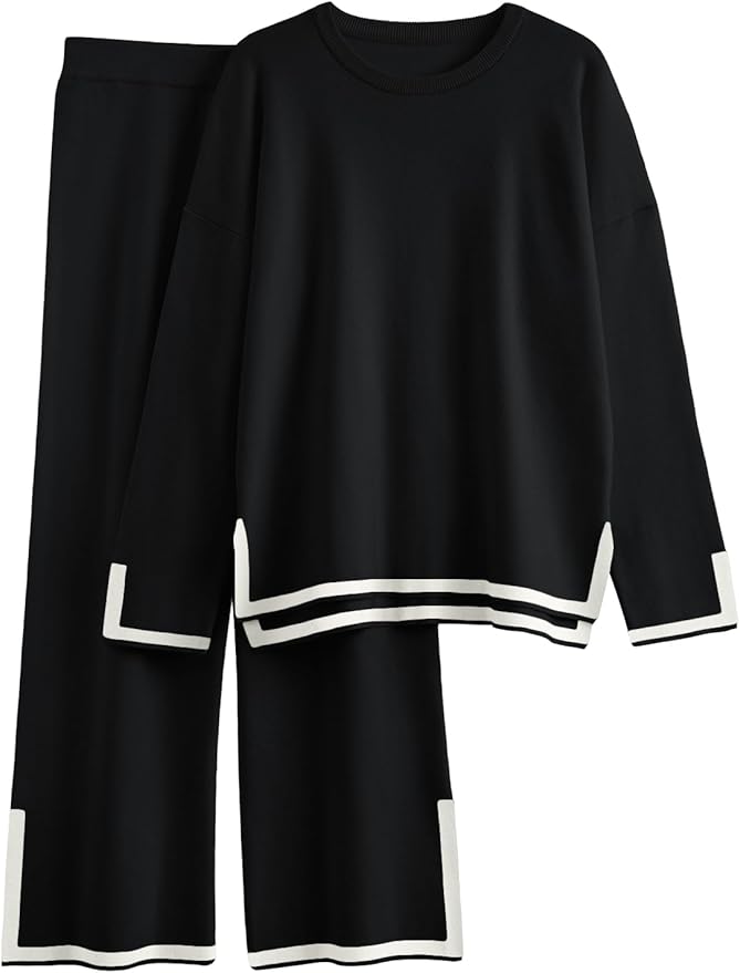LILLUSORY Women Fall 2 Piece Lounge Set Outfits Sweatsuits Long Sleeve Sweater Tops Wide Leg Pants